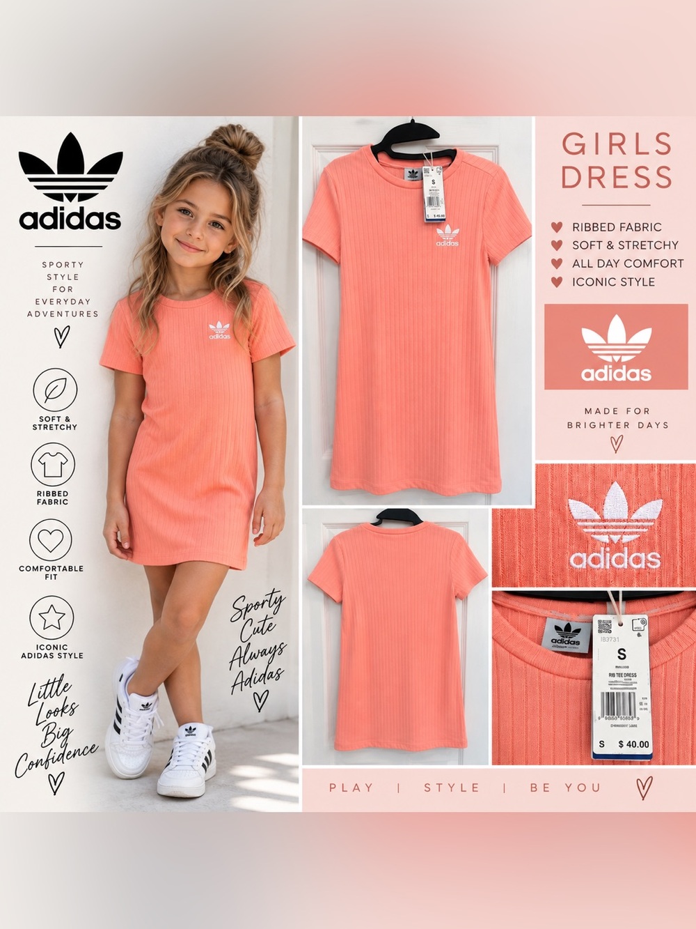 Adidas girls Coral Ribbed Tee Dress